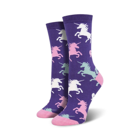  purple crew socks with pink, blue, and white unicorns; designed for women who dream big.  