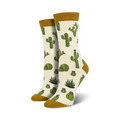 Pair of cream crew socks with a repeating pattern of green cacti and pink flowers. The socks have a mustard yellow cuff.