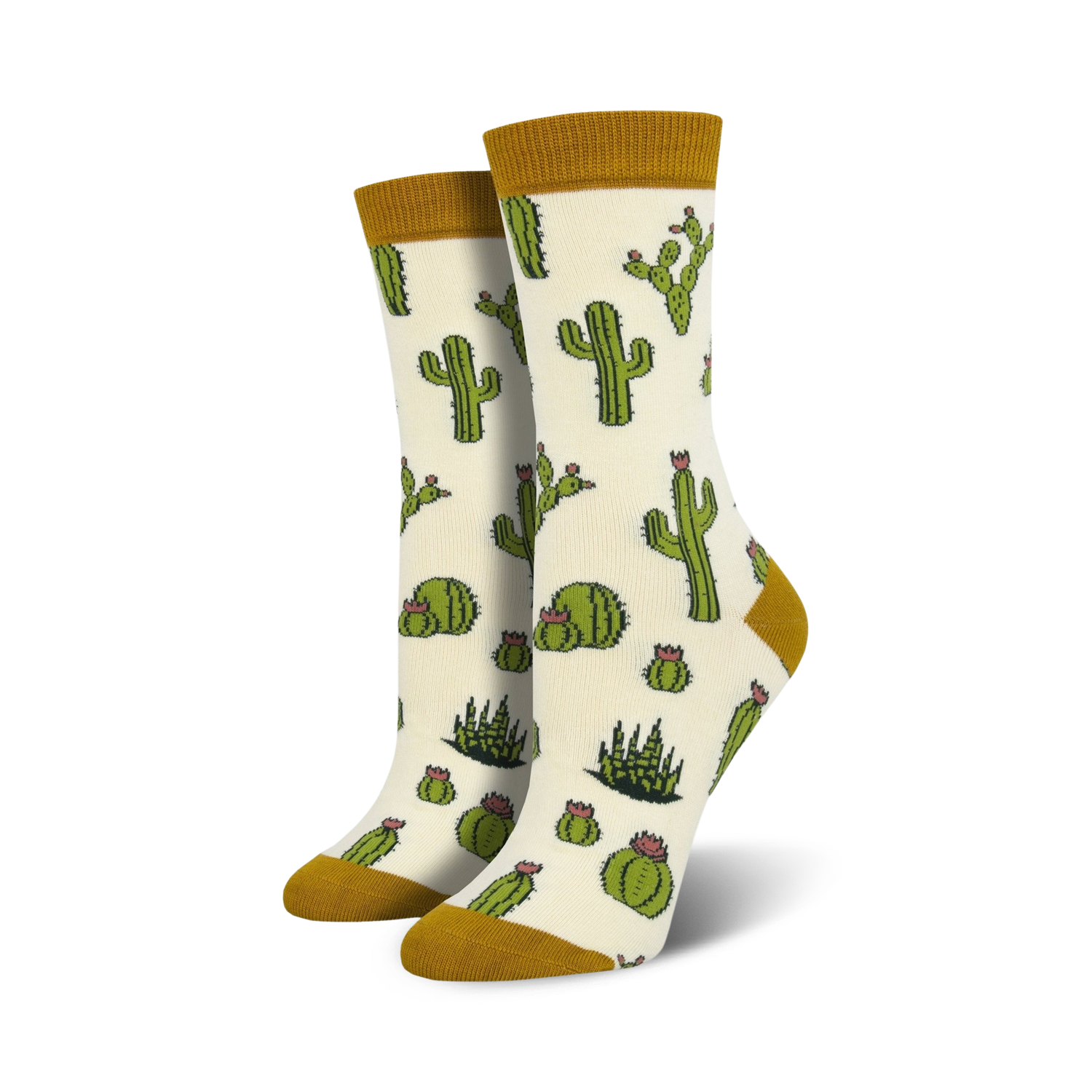 Pair of cream crew socks with a repeating pattern of green cacti and pink flowers. The socks have a mustard yellow cuff.