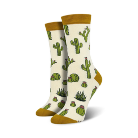 women's white crew socks with green cacti pattern and a brown toe, heel, and top.  