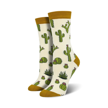 women's white crew socks with green cacti pattern and a brown toe, heel, and top.  
