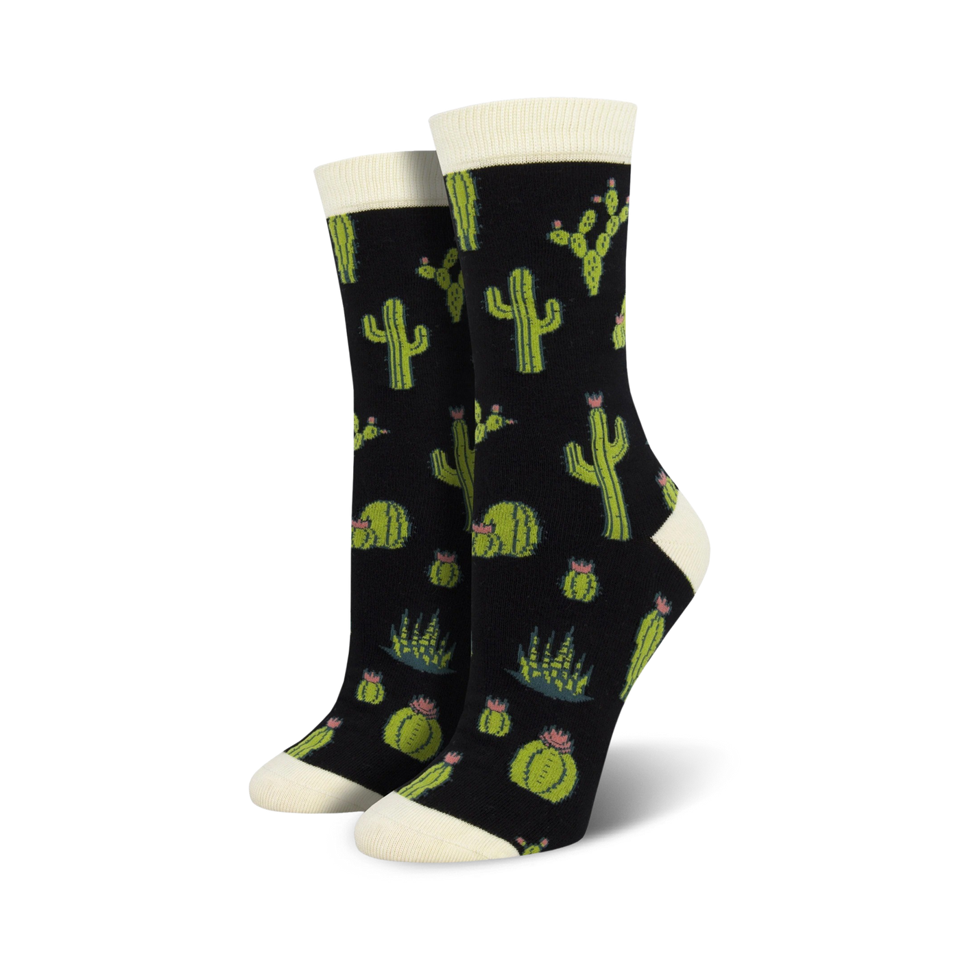 A pair of women's crew socks with a cactus design. The socks are black with green cacti, succulents, and pink flowers.