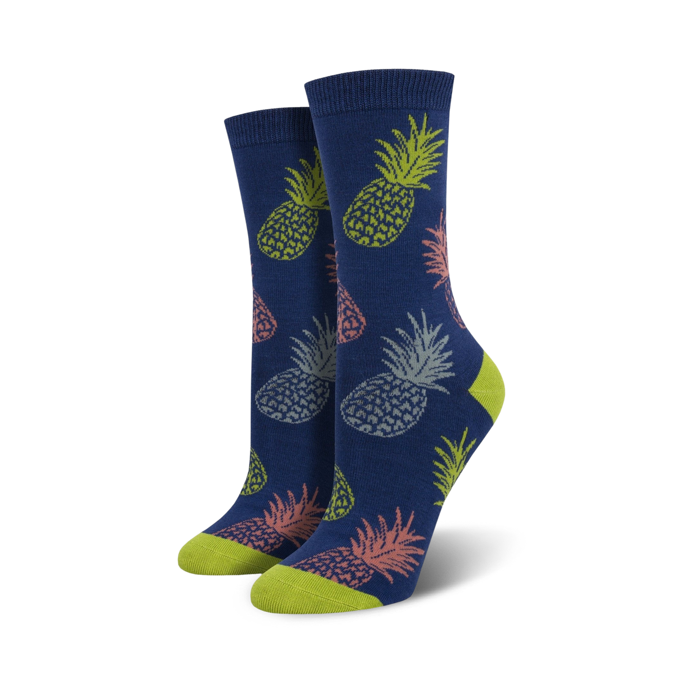 Pair of women's crew socks in navy blue featuring a repeating pattern of pastel pink, green, and grey pineapples.