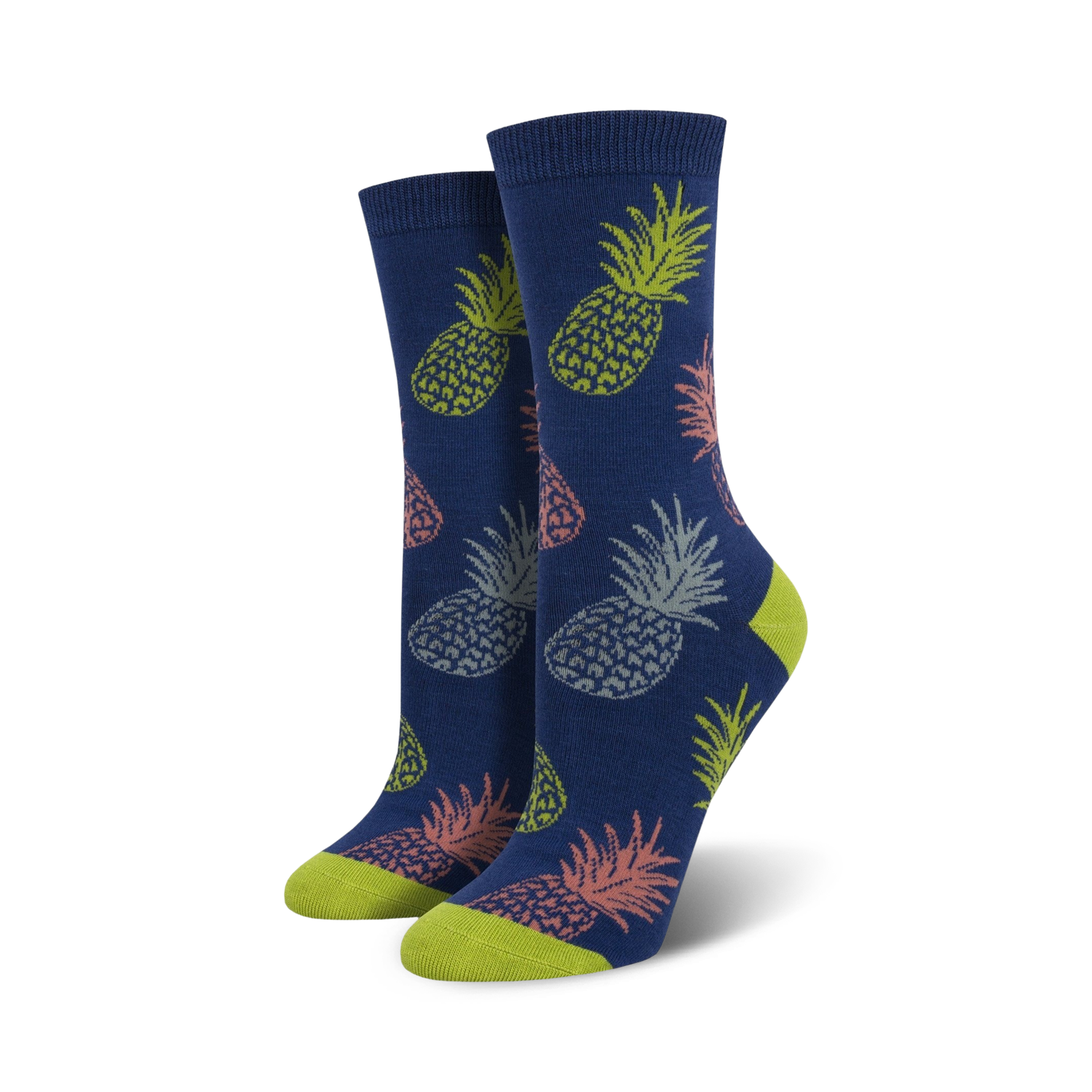 Pair of women's crew socks in navy blue featuring a repeating pattern of pastel pink, green, and grey pineapples.