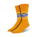 Pair of orange crew socks featuring the Fanta logo in blue and white within an orange circle. 
