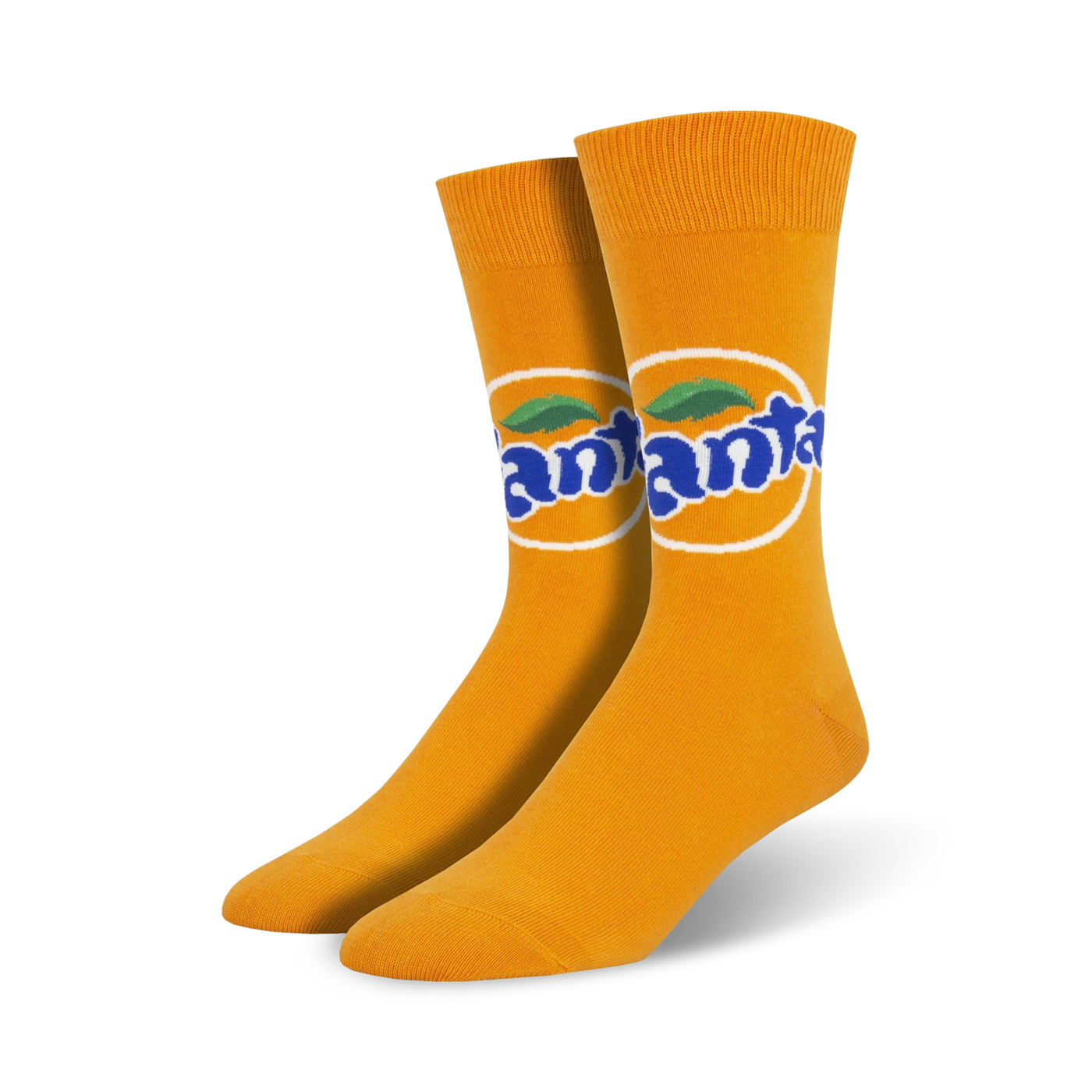 Pair of orange crew socks featuring the Fanta logo in blue and white within an orange circle. 