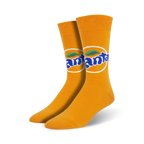 Pair of orange crew socks featuring the Fanta logo in blue and white within an orange circle. 
