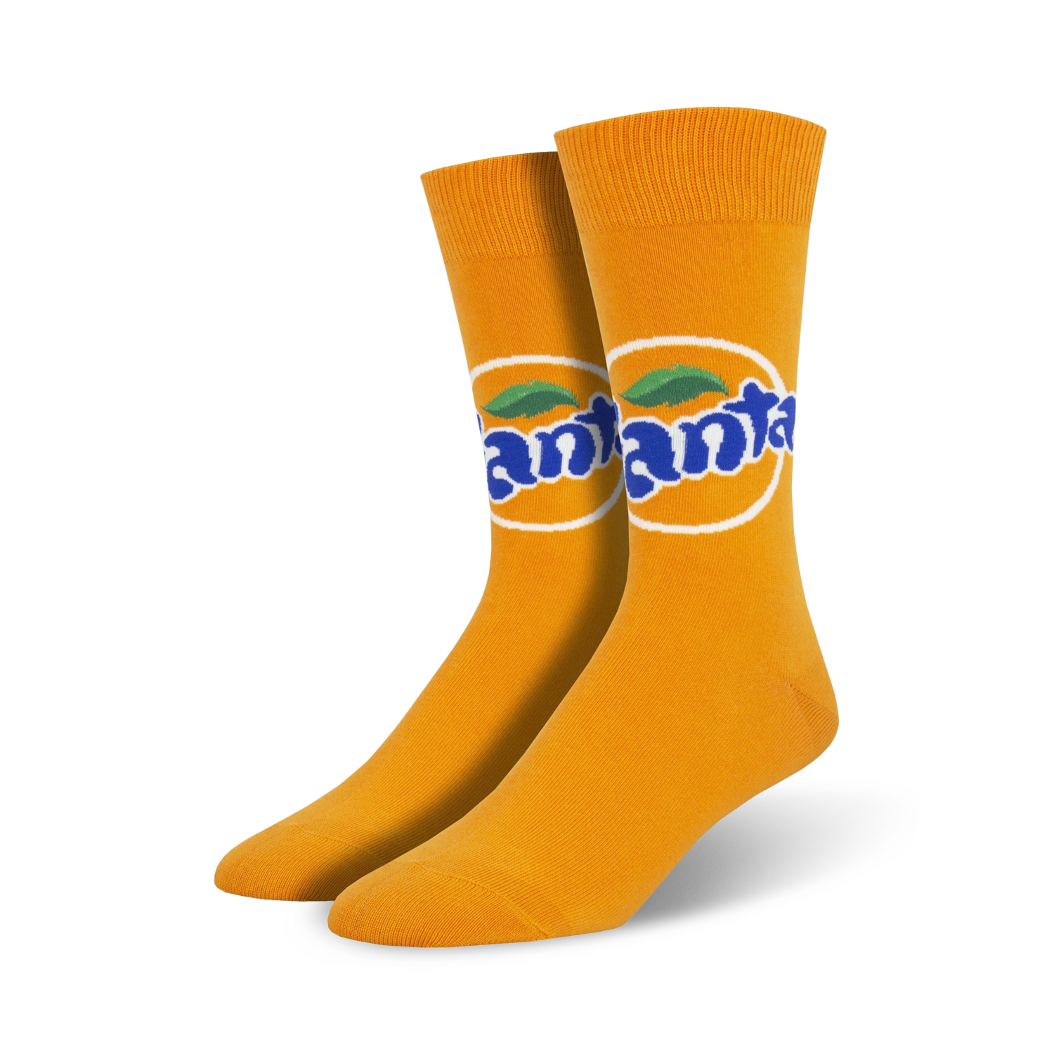 Pair of orange crew socks featuring the Fanta logo in blue and white within an orange circle. 