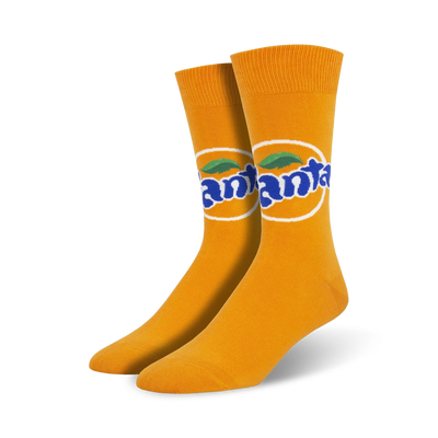 orange crew socks with white fanta logo, blue block lettering, and green leaf.  