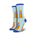 Pair of women's crew socks. Light blue background with repeated pattern of orange Fanta bottles. Blue cuffs.