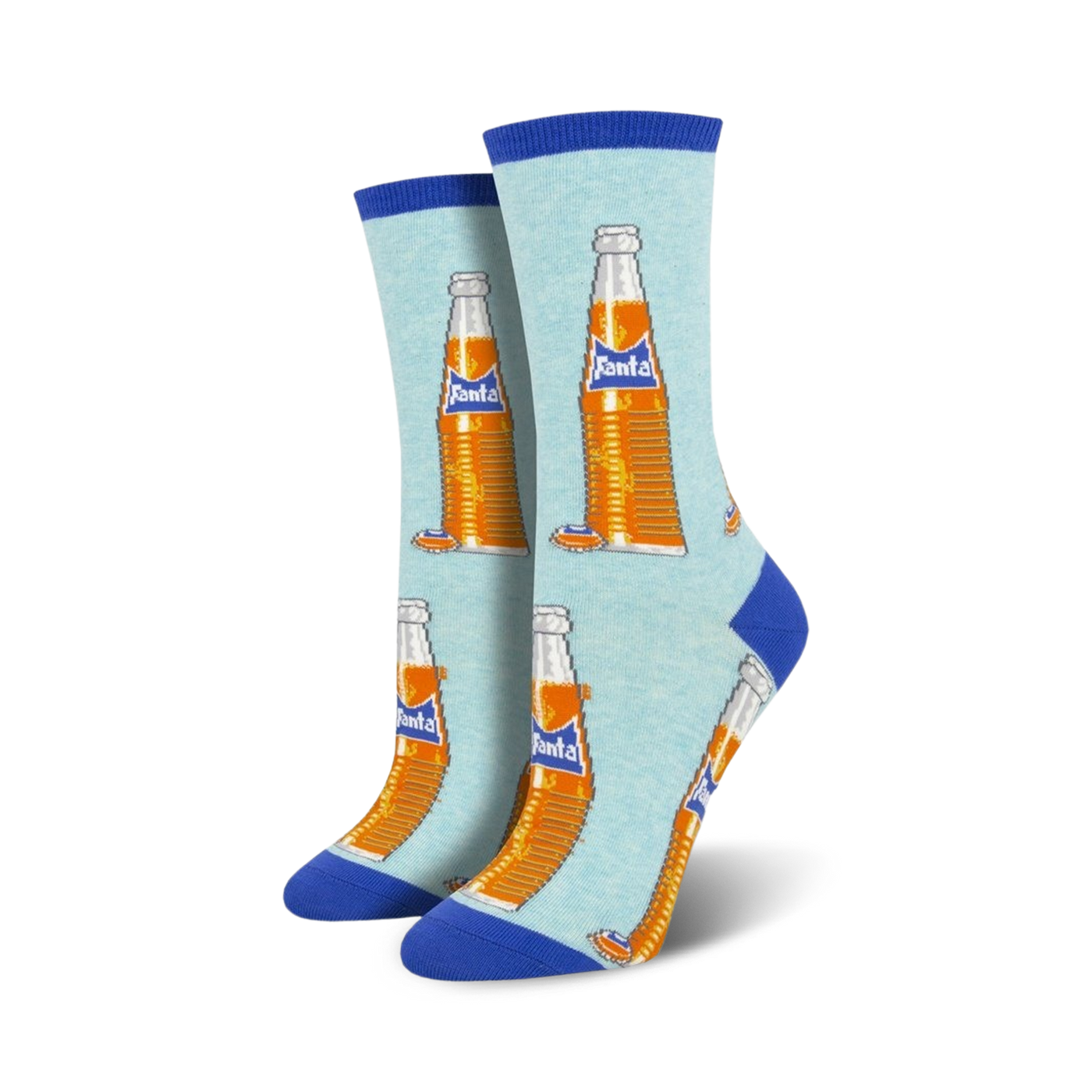 Pair of women's crew socks. Light blue background with repeated pattern of orange Fanta bottles. Blue cuffs.