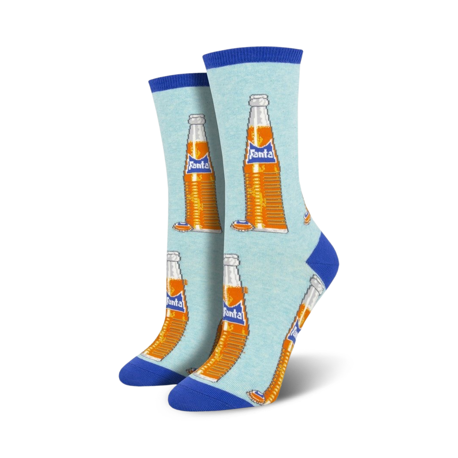 Pair of women's crew socks. Light blue background with repeated pattern of orange Fanta bottles. Blue cuffs.