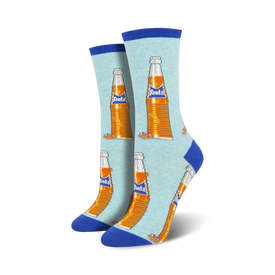 light blue crew socks with a pixelated pattern of orange fanta bottles with blue caps; fun food and drink theme.   