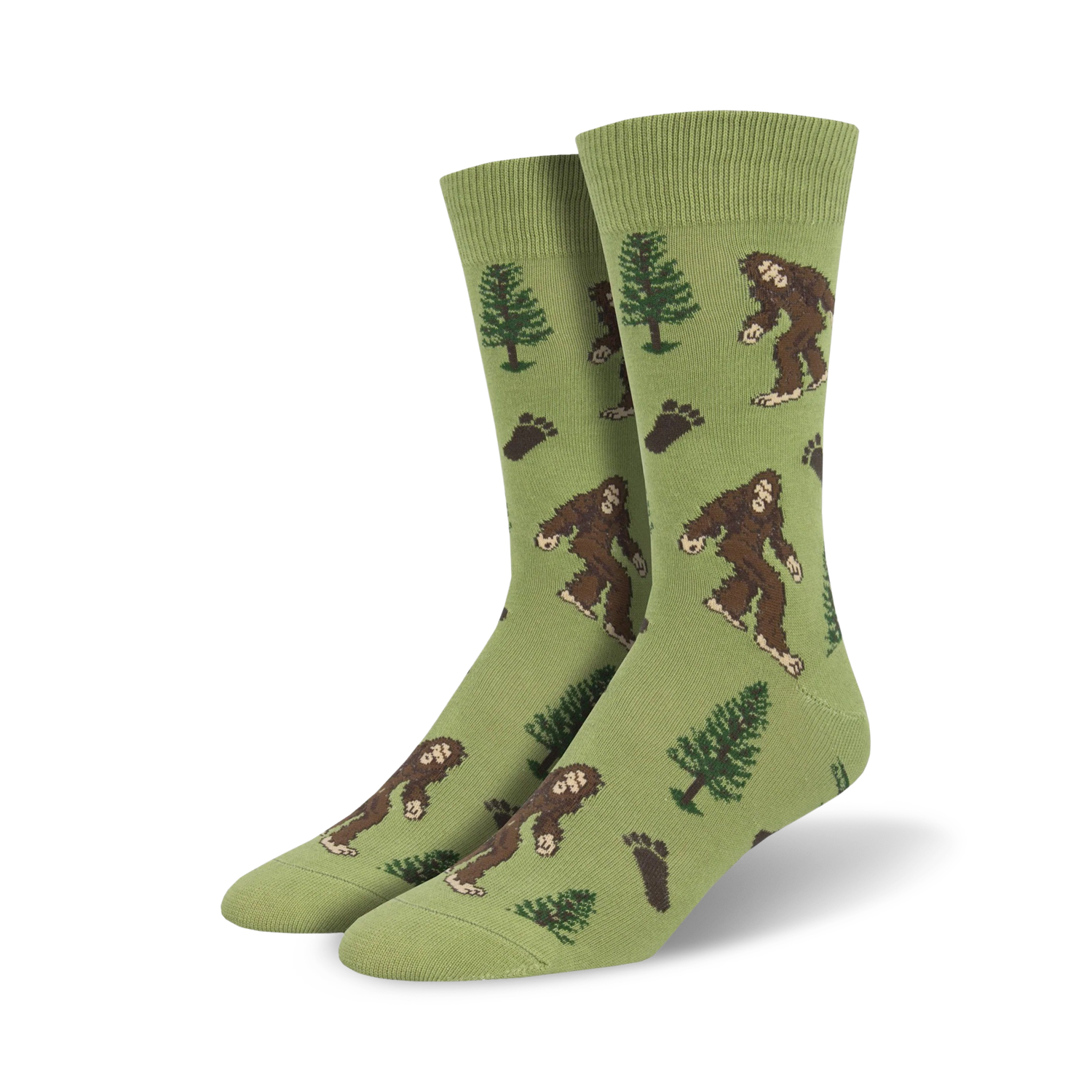 Pair of Bigfoot socks in olive green; same design as black pair, but on a different background color.
