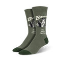 Olive green crew socks with a retro design featuring a man holding beer bottles and the text 'It's Your Friend!'