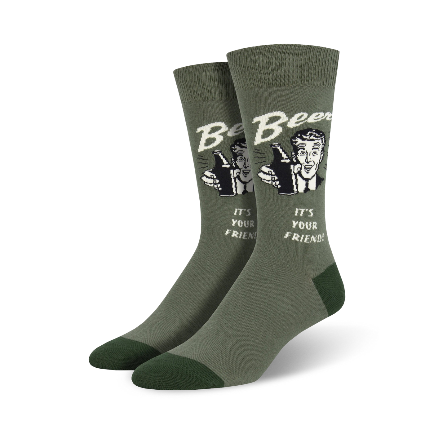 Olive green crew socks with a retro design featuring a man holding beer bottles and the text 'It's Your Friend!'