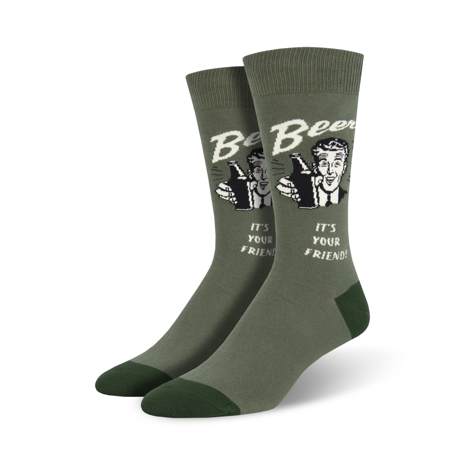 Olive green crew socks with a retro design featuring a man holding beer bottles and the text 'It's Your Friend!'
