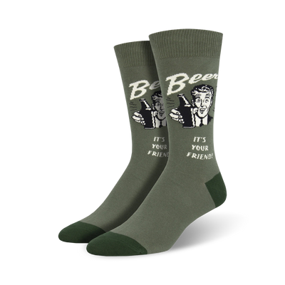 men's novelty crew socks, dark green, cartoonish beer-drinking man, "be beer" "it's your friend" text.  