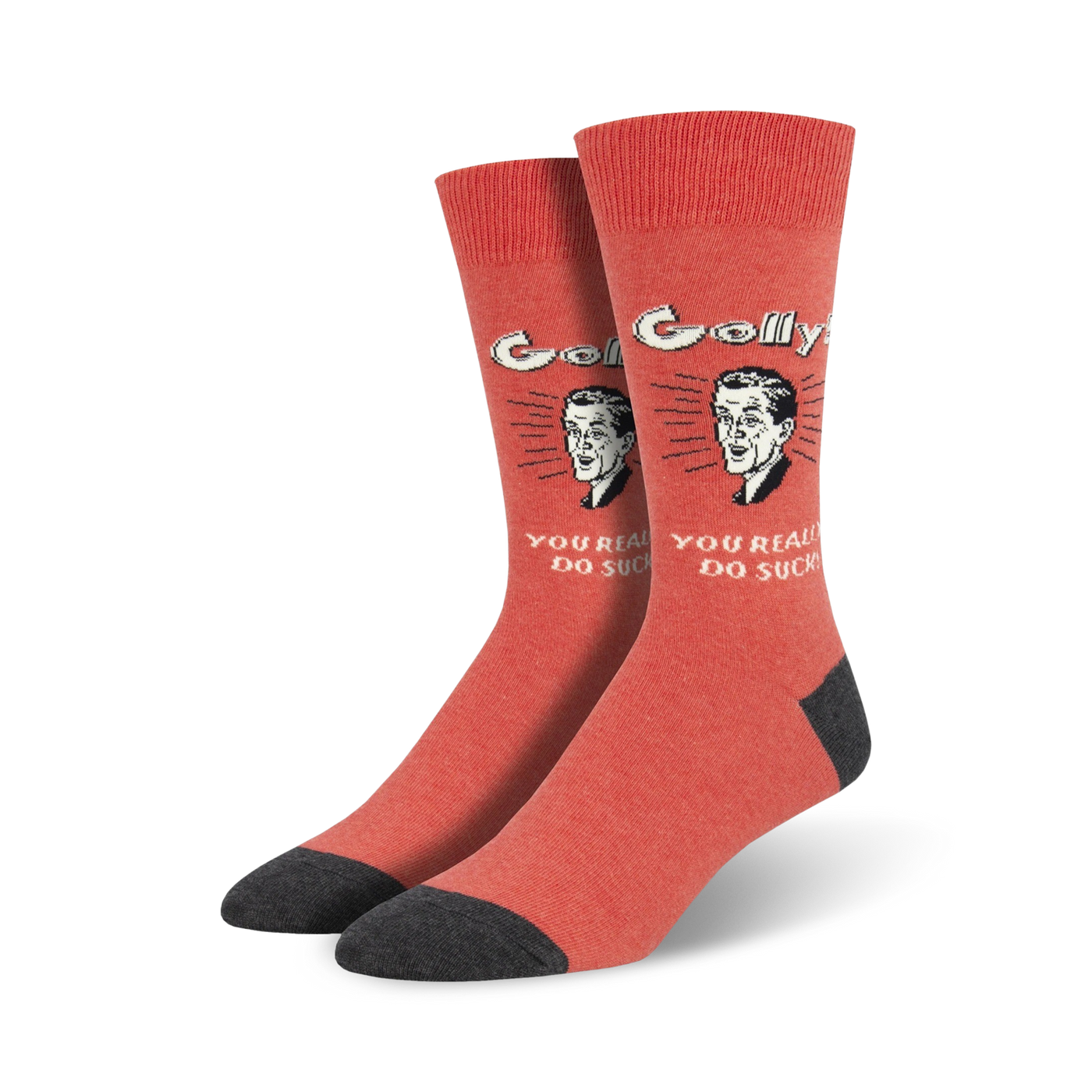 Pair of crew socks in coral red with a dark grey cuff.  The socks feature a retro-style illustration of a man's face and the text 'Golly, You Really Do Suck'.