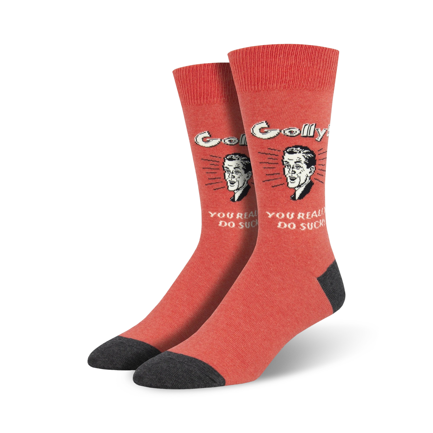 Pair of crew socks in coral red with a dark grey cuff.  The socks feature a retro-style illustration of a man's face and the text 'Golly, You Really Do Suck'.