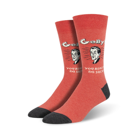 red crew socks with gray toes, heels feature image of man with text "you suck." funny socks for men.  