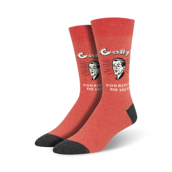 red crew socks with gray toes, heels feature image of man with text "you suck." funny socks for men.  