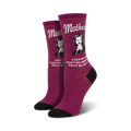 Women's crew socks in maroon with a retro-style illustration of a woman and the text 'Mothers Know Best'.