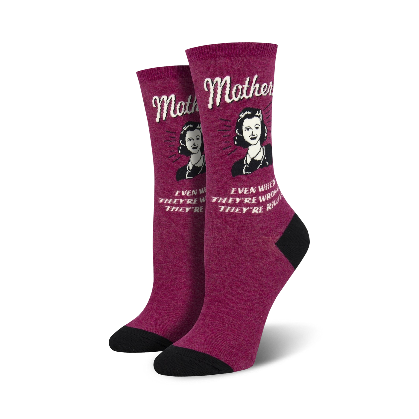 Women's crew socks in maroon with a retro-style illustration of a woman and the text 'Mothers Know Best'.