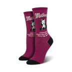 Women's crew socks in maroon with a retro-style illustration of a woman and the text 'Mothers Know Best'.