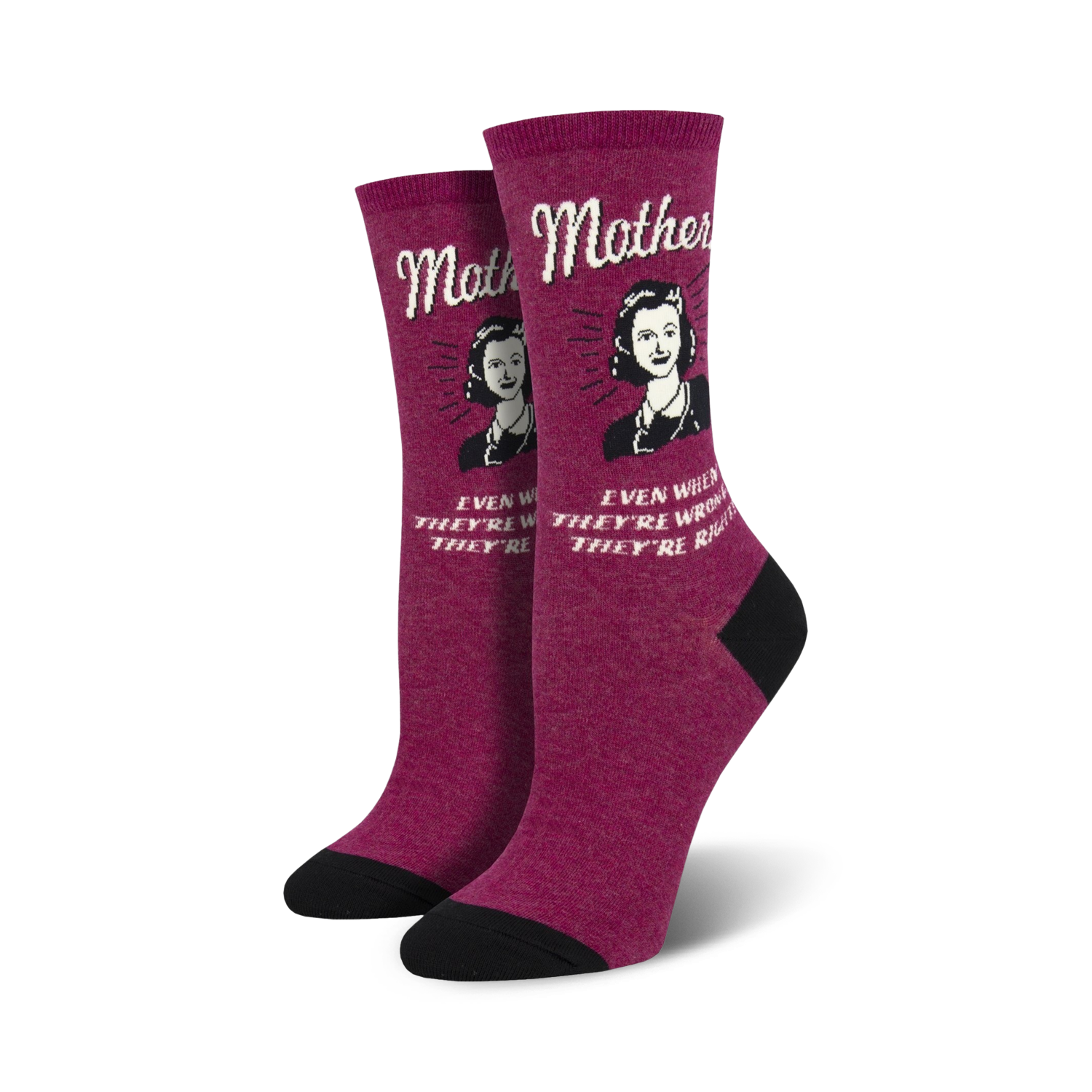 Women's crew socks in maroon with a retro-style illustration of a woman and the text 'Mothers Know Best'.