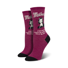 purple mothers know best socks with "math mother" graphic and cheeky text.  