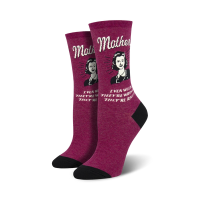 purple mothers know best socks with "math mother" graphic and cheeky text.  