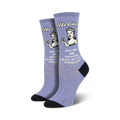 A pair of women's crew socks in periwinkle blue. They feature a retro illustration of a woman and the text, 'The cause and solution to all of life's problems!'