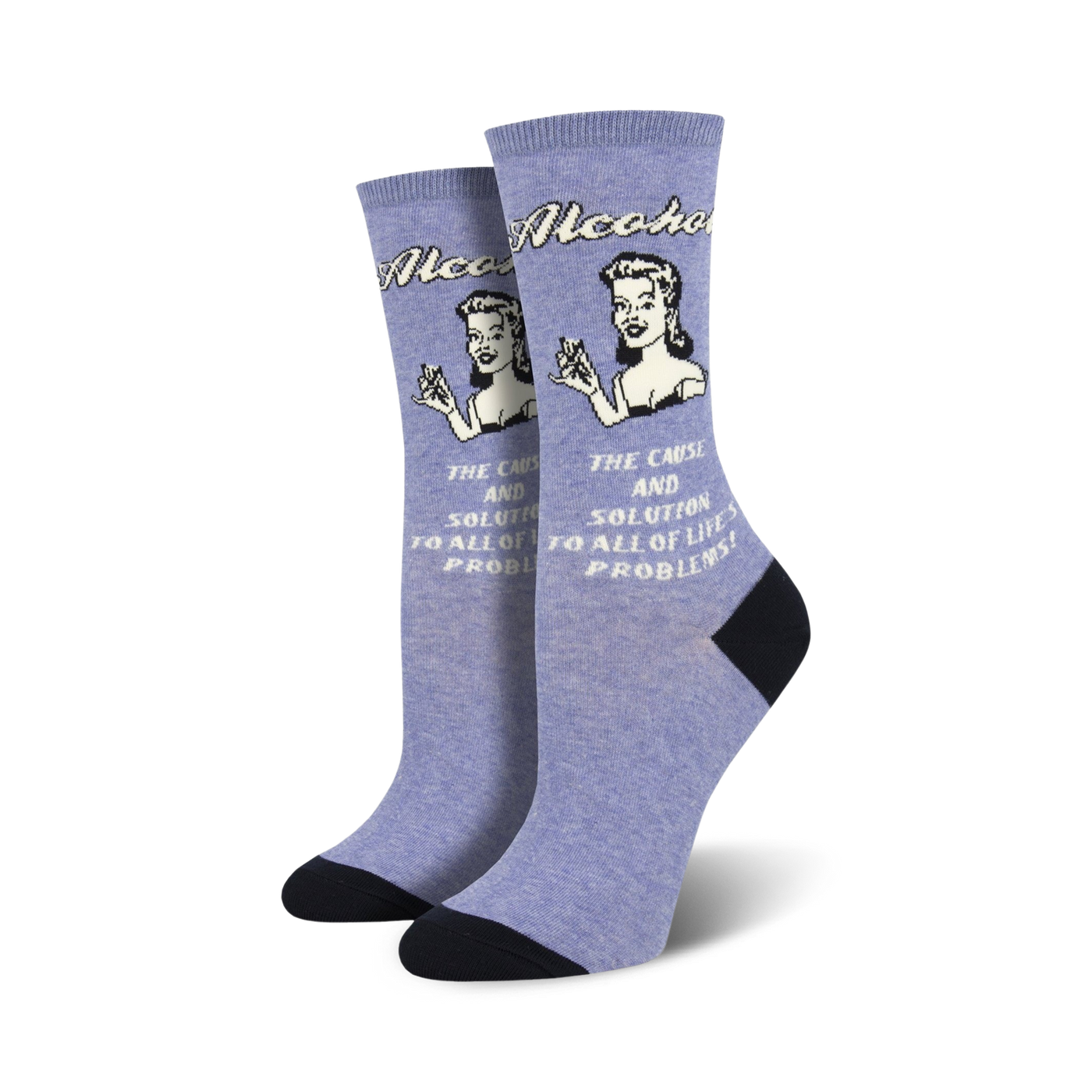 A pair of women's crew socks in periwinkle blue. They feature a retro illustration of a woman and the text, 'The cause and solution to all of life's problems!'