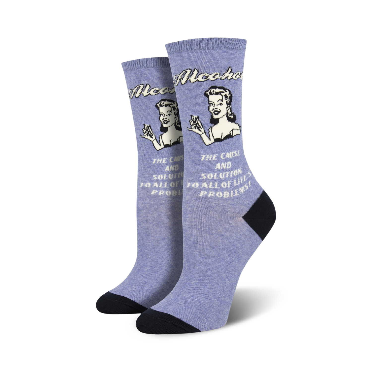 A pair of women's crew socks in periwinkle blue. They feature a retro illustration of a woman and the text, 'The cause and solution to all of life's problems!'