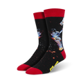 A pair of black crew socks with a retro astronaut design, red cuffs, and a starry night background.  Perfect for space explorers and sock fanatics!