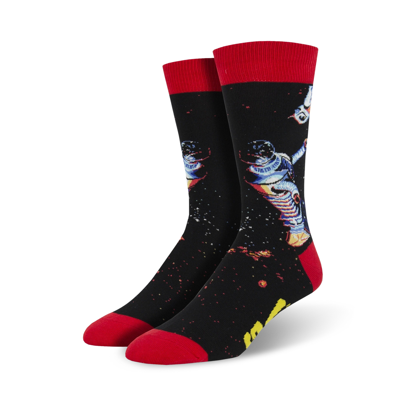 A pair of black crew socks with a retro astronaut design, red cuffs, and a starry night background.  Perfect for space explorers and sock fanatics!