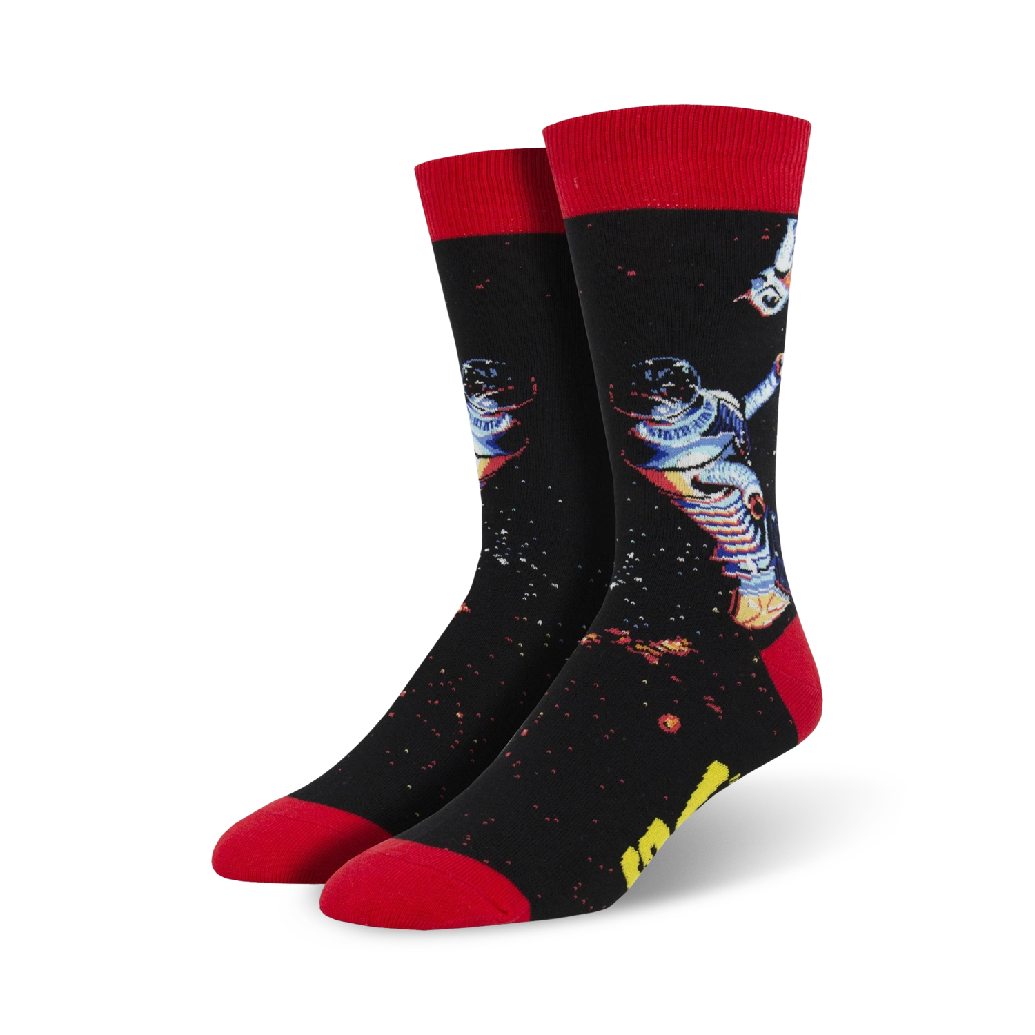 A pair of black crew socks with a retro astronaut design, red cuffs, and a starry night background.  Perfect for space explorers and sock fanatics!