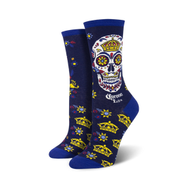 corona muertos day of the dead themed womens blue novelty crew socks