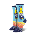 Pair of women's crew socks. Light blue background, navy blue and orange stripes at the bottom.  A Corona Extra beer bottle is prominently displayed.