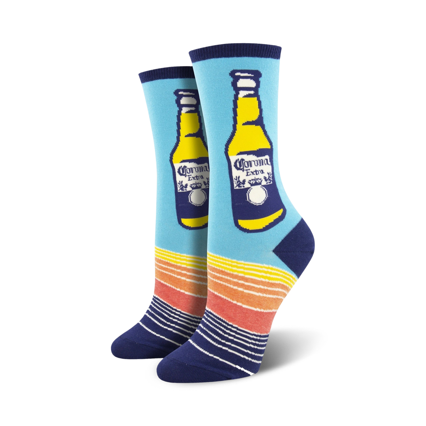 Pair of women's crew socks. Light blue background, navy blue and orange stripes at the bottom.  A Corona Extra beer bottle is prominently displayed.
