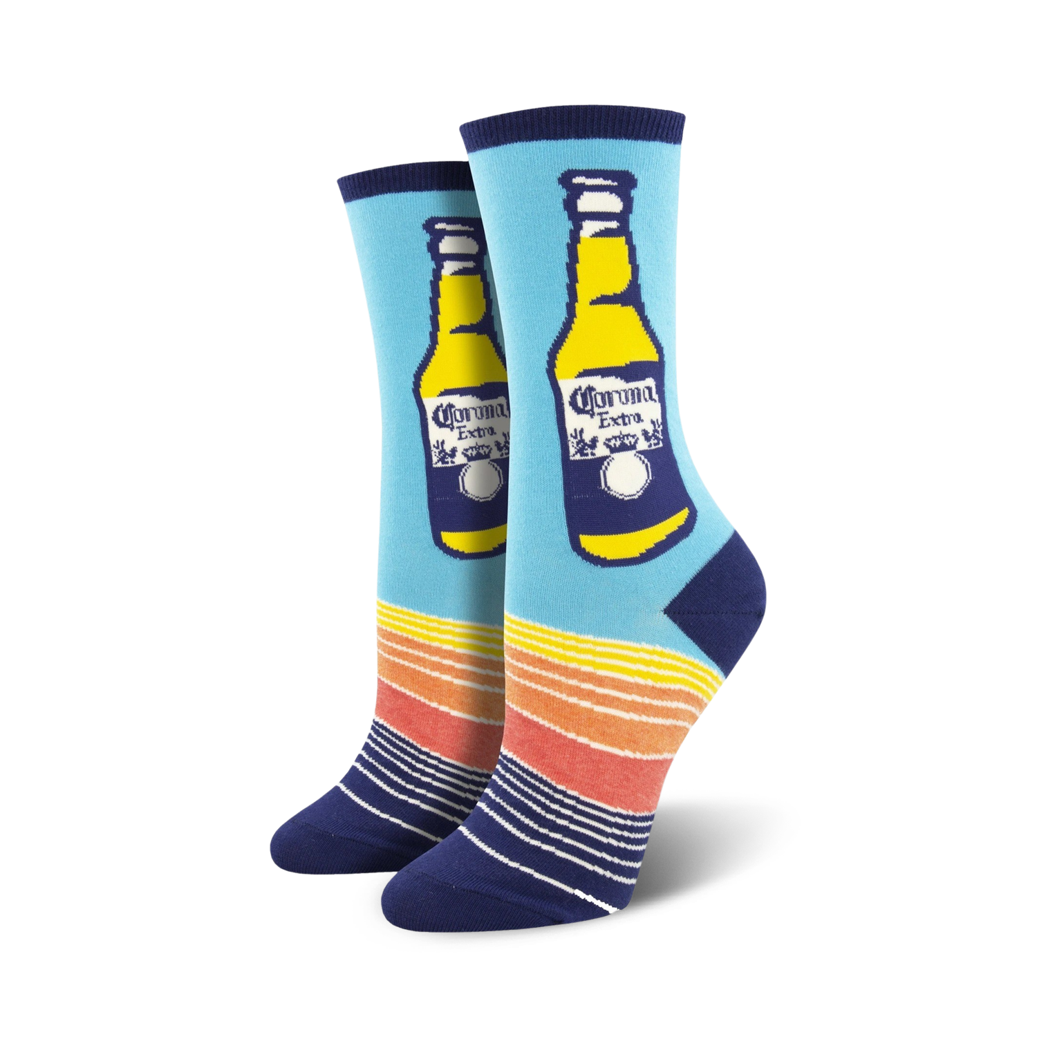 Pair of women's crew socks. Light blue background, navy blue and orange stripes at the bottom.  A Corona Extra beer bottle is prominently displayed.