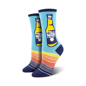 womens crew socks featuring a corona beer bottle pattern with accents of yellow, orange, and red stripes.   
