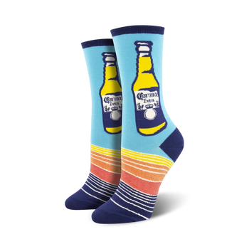 womens crew socks featuring a corona beer bottle pattern with accents of yellow, orange, and red stripes.   