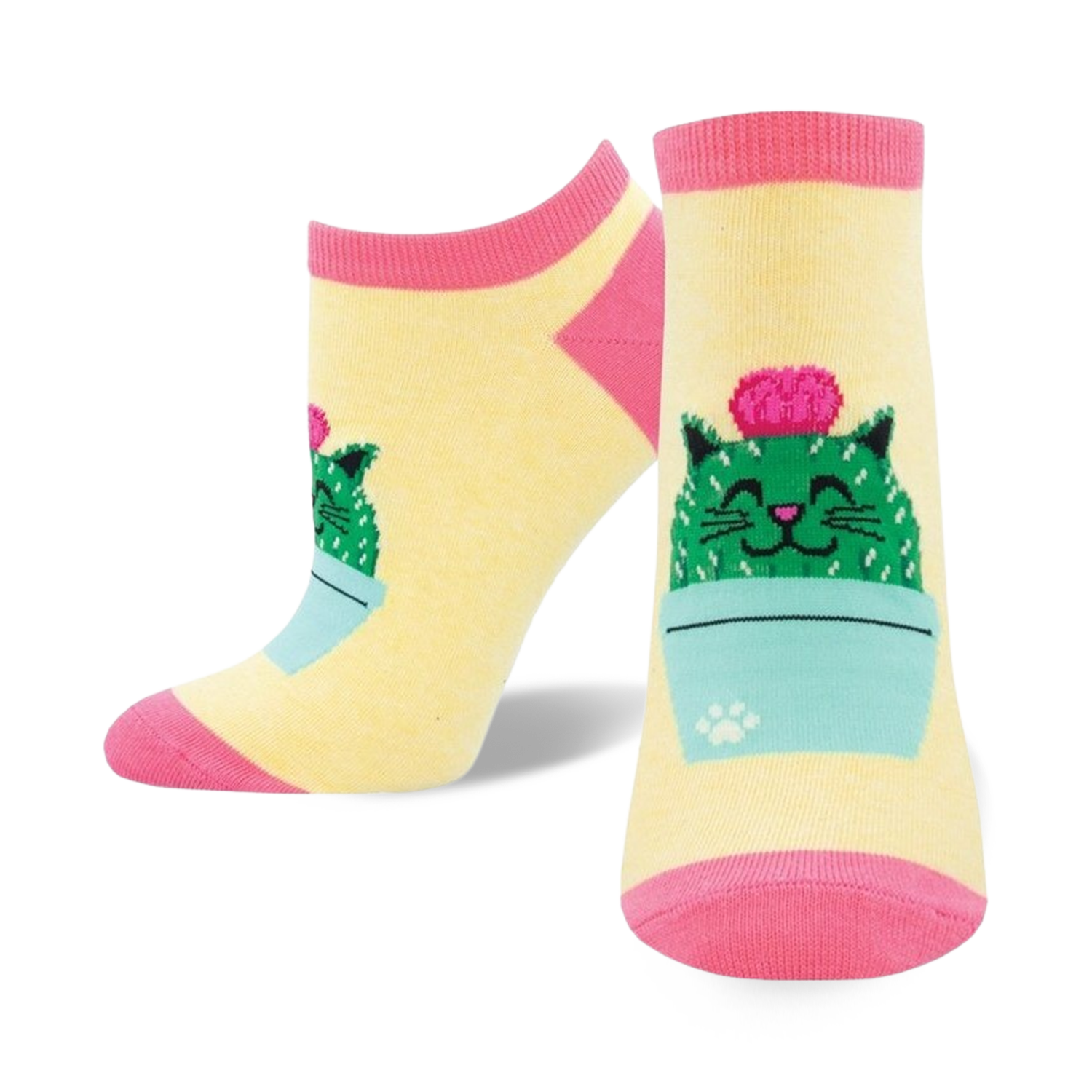 Pair of pastel yellow ankle socks with a cute cartoon cactus cat design. Pink and teal accents.
