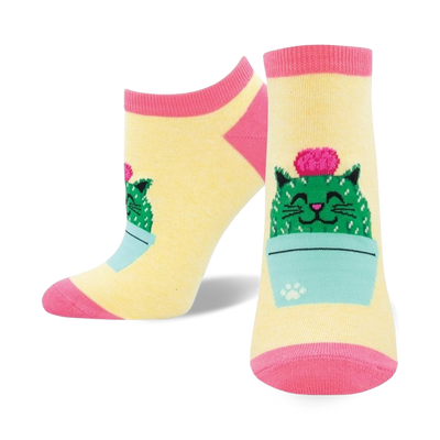 yellow ankle socks with pink toe, heel, and cuff feature a smiling cat wearing a cactus costume.  