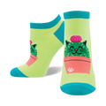 Lifestyle shot of Kitty Cactus socks on a person's feet. Shows the socks' fit and style.