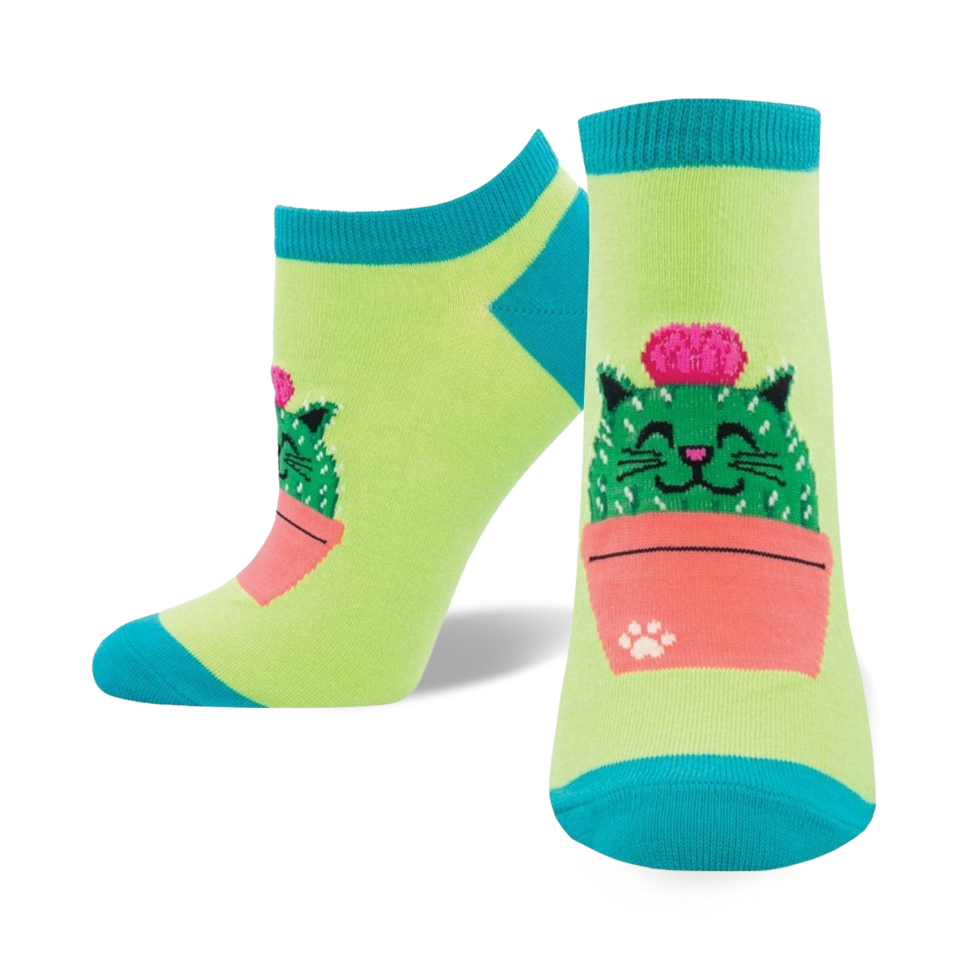 Lifestyle shot of Kitty Cactus socks on a person's feet. Shows the socks' fit and style.