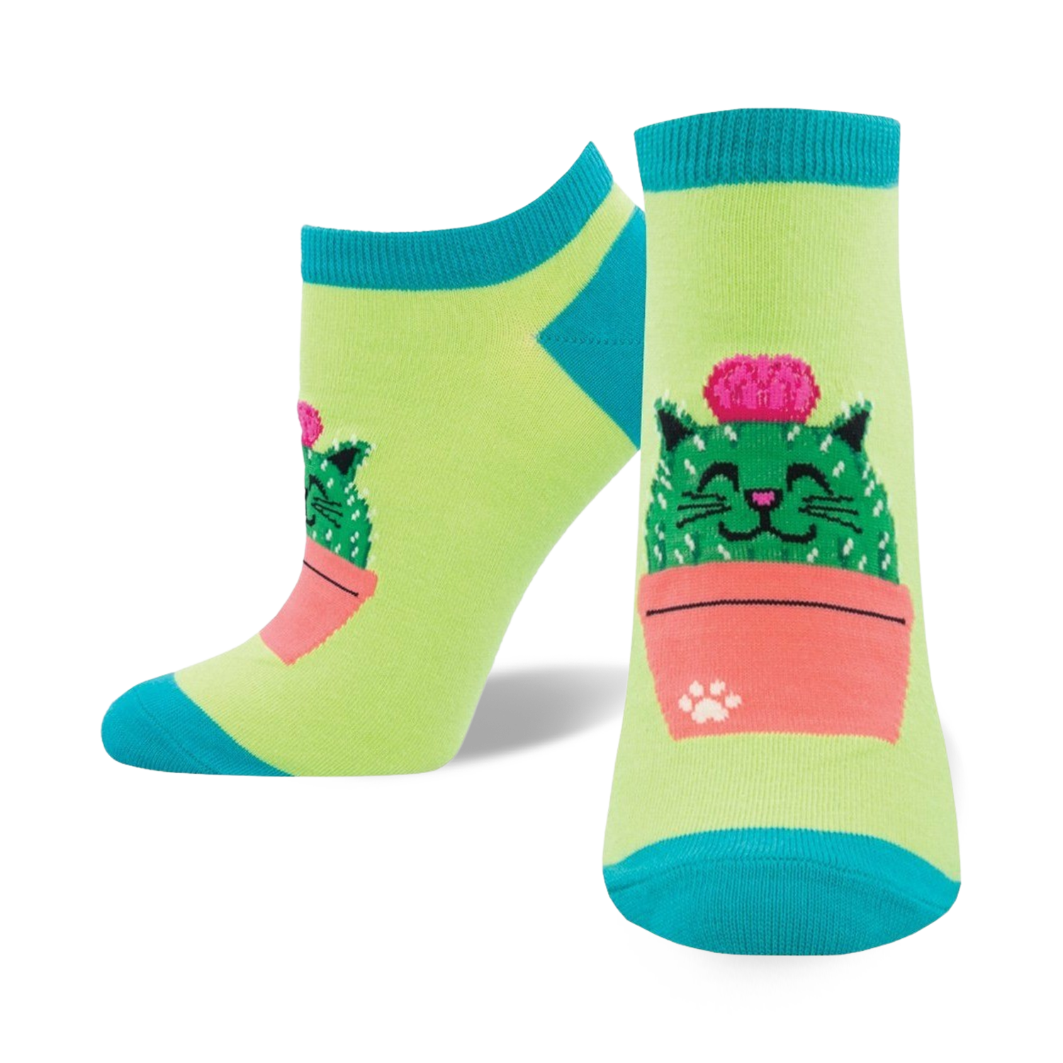 Lifestyle shot of Kitty Cactus socks on a person's feet. Shows the socks' fit and style.
