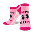 Pair of pink and white ankle socks with 'Don't Quit, Do It' and barbell graphic. 